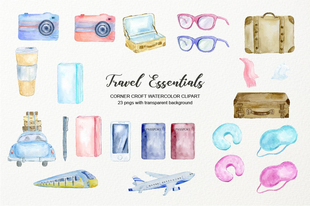 watercolour elements of passport, notebook, neck cushion, eye patch, mobile phone,  vintage suitcases, pen, sun glasses, camera