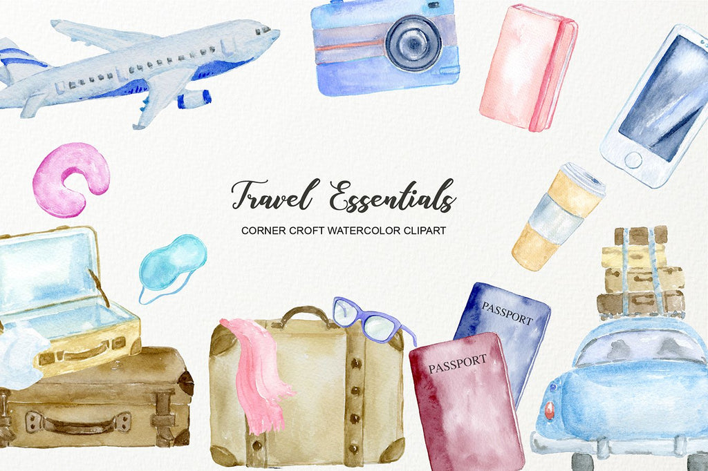 Travel icon airplane train car suitcase phone camera passpord digital download 