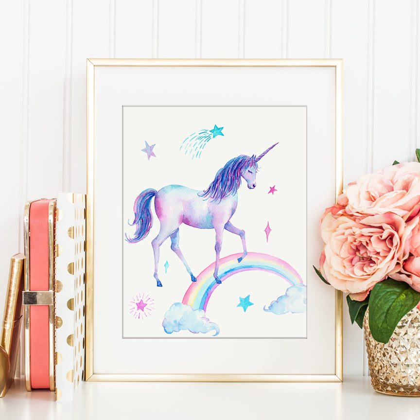 watercolor unicorn print, unicorn, star rainbow, printable