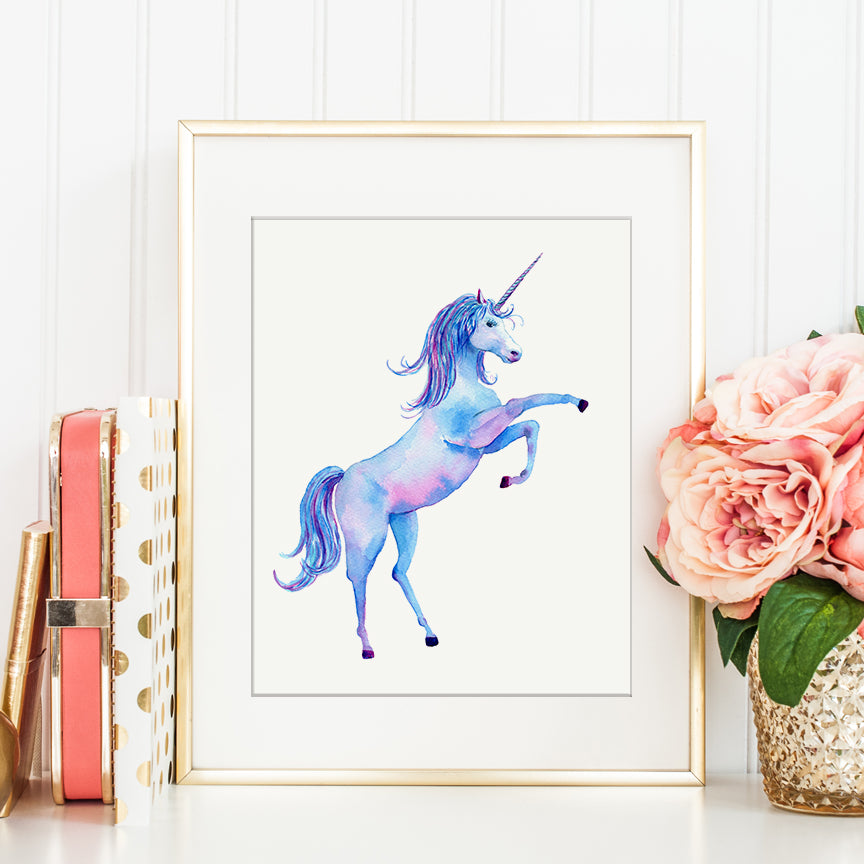 watercolor rearing unicorn print instant download, detailed unicorn illustration 