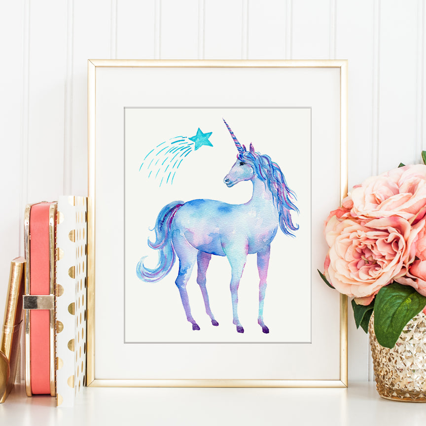 watercolor unicorn, blue unicorn, detailed unicorn, unicorn illustration 