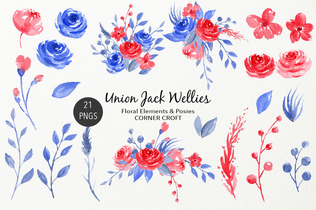 red flower, blue flower, floral composition, instant download, watercolor illustration 