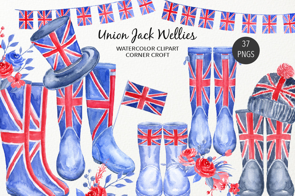 watercolour Union Jack wellies clipart, welly illustration, British flag wellies, instant download 