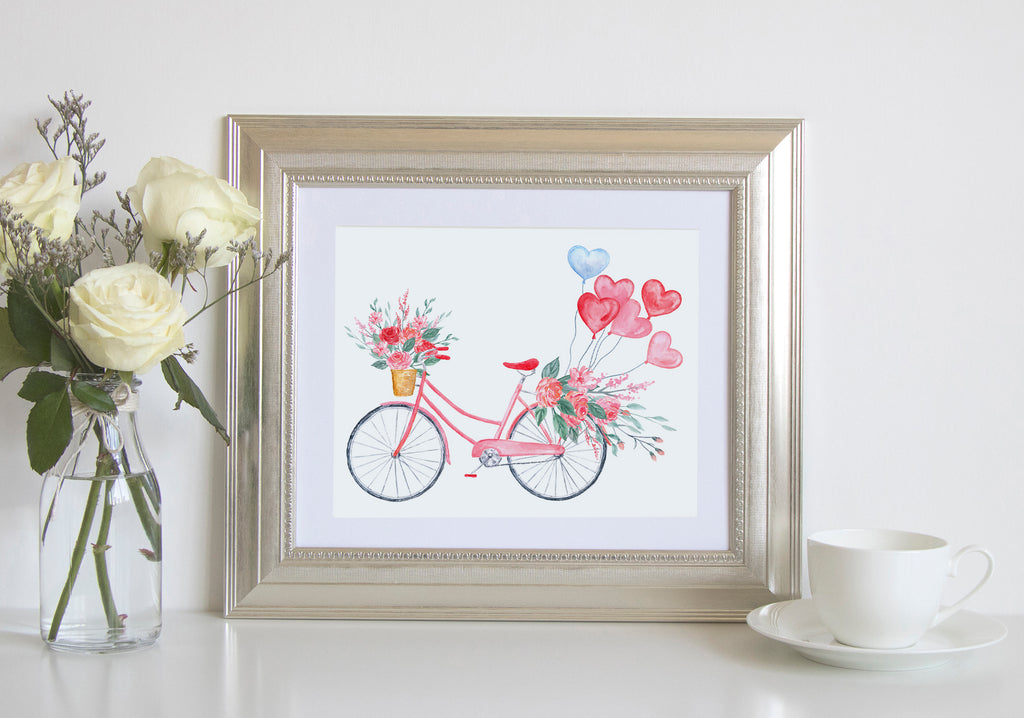 watercolour pink bike, heart balloon, valentine print