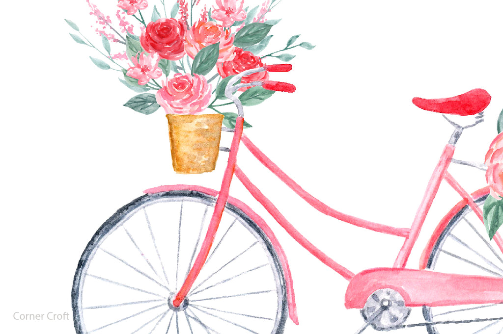 Close up of watercolor valentine print, pink valentine bike, corner croft design. 