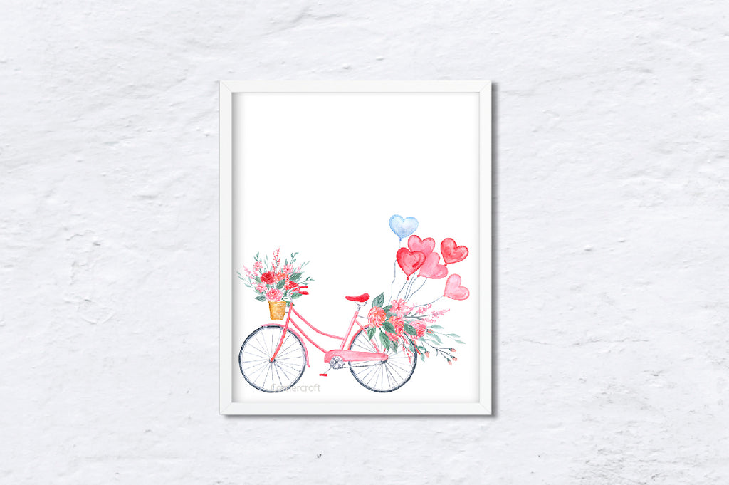 watercolor pink bike, pink and red flowers, heart balloon, Valentine gift. 