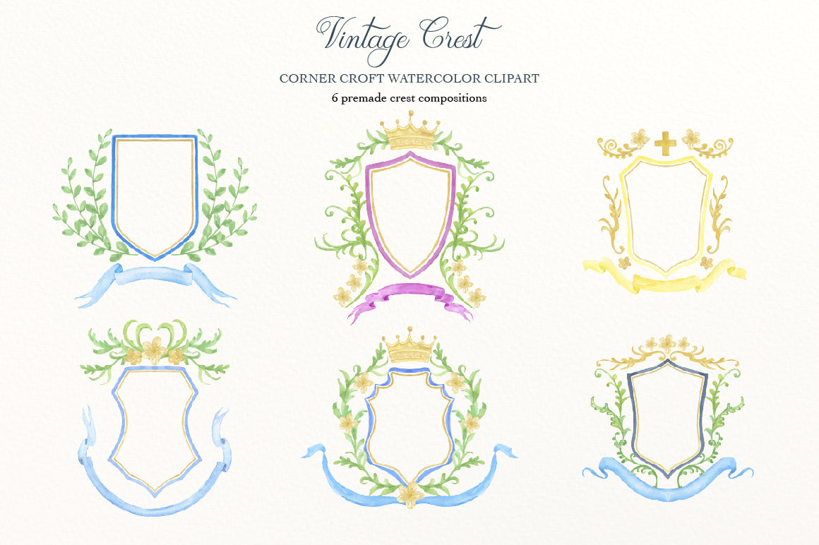 Creast Ribbon Watercolor vintage style crest, ribbon for instant download – Corner Croft