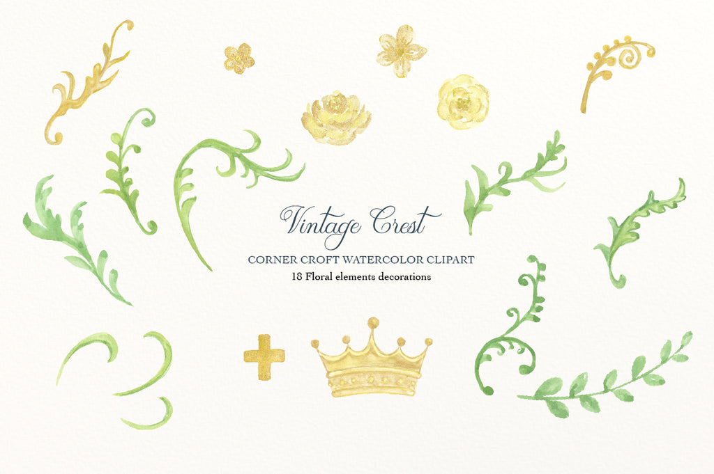 watercolor vintage green leaf and gold flower, cross and crown, clipart for instant download