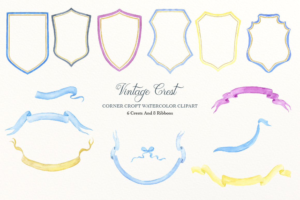 Watercolor vintage style crest, ribbon for instant download – Corner Croft