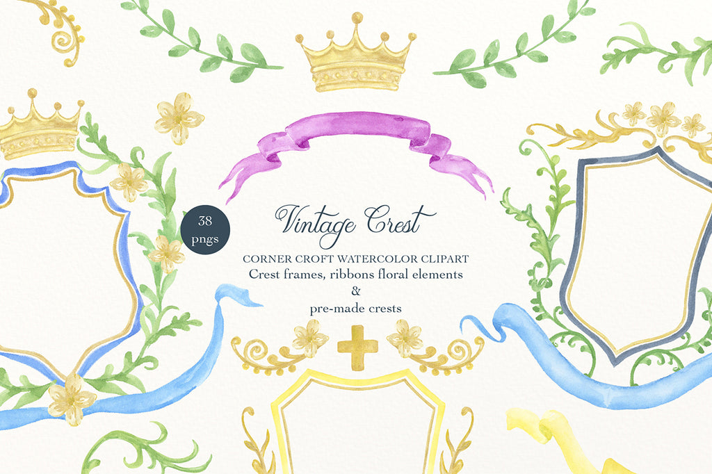 watercolor vintage style crest collection, ready made crests, instant download