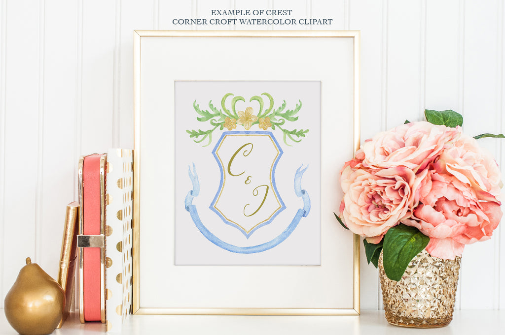 watercolor crest in blue and gold, watercolor clipart, instant download 