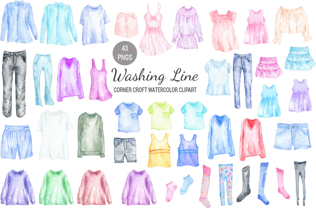 watercolor fashion clothes, washing line, clothes line, trousers, shorts, clothes illustration 