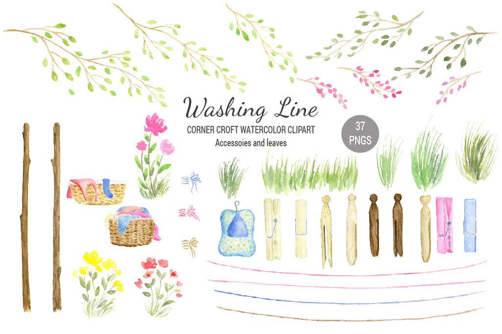watercolor washing line, laundry basket, leaf branches, pegs, clothes line illustration