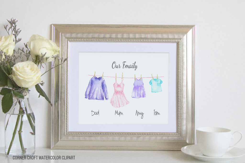 watercolor washing line personalised print, create my family print