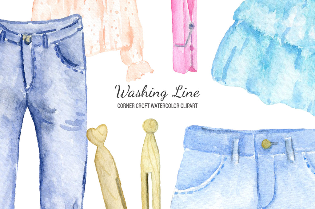 watercolor clipart, washing line clipart, clothes clipart, shirt, skirt, dress, fashion illustration 
