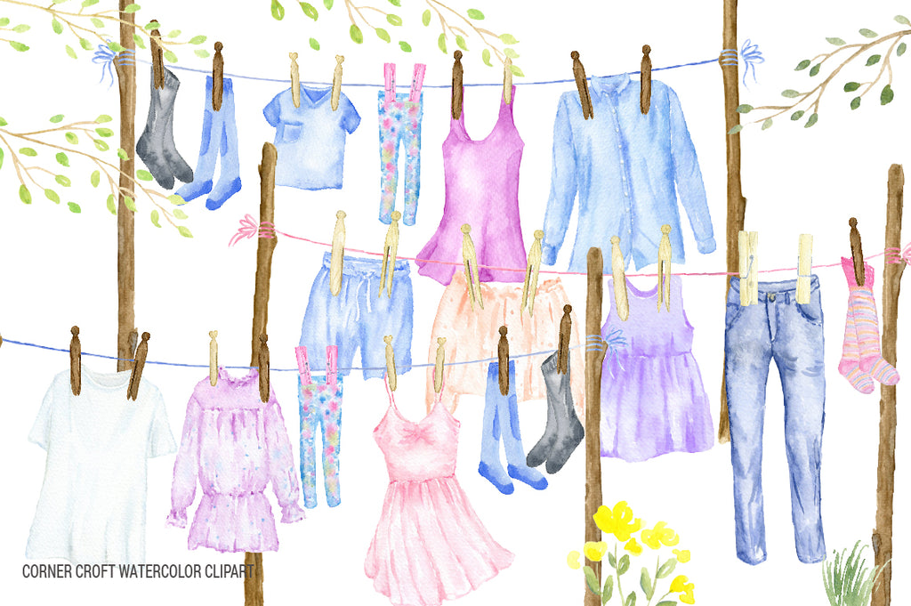 watercolor washing line clipart, clothes line clipart, fashion clothes, t-shirt, dress, jeans 