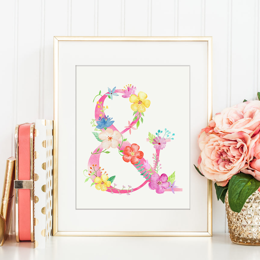 watercolor floral symbol &, pink floral symbol and, art print