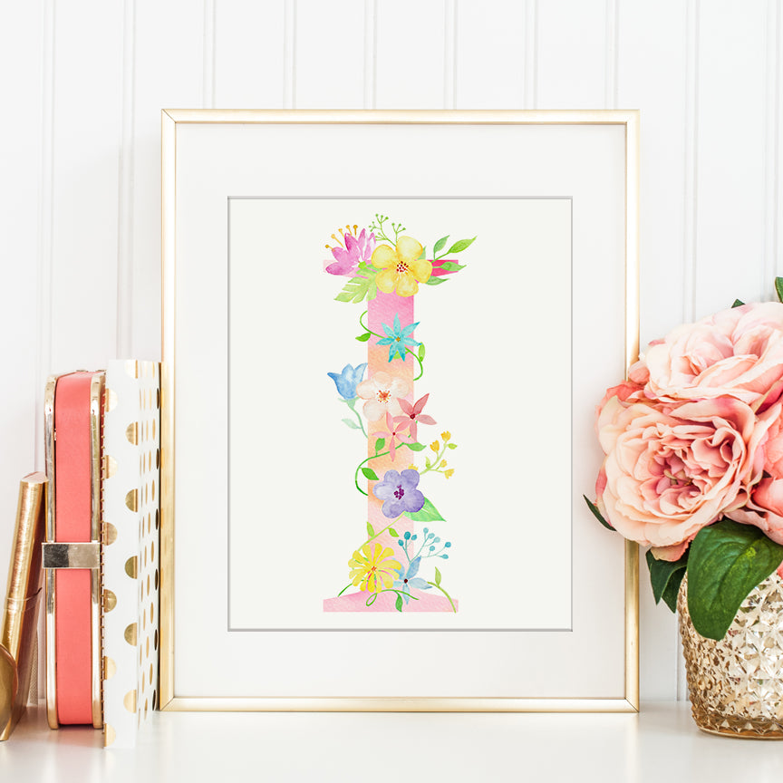 Watercolor floral letter I, name initial I, pink floral alphabet I, Capital letters printable