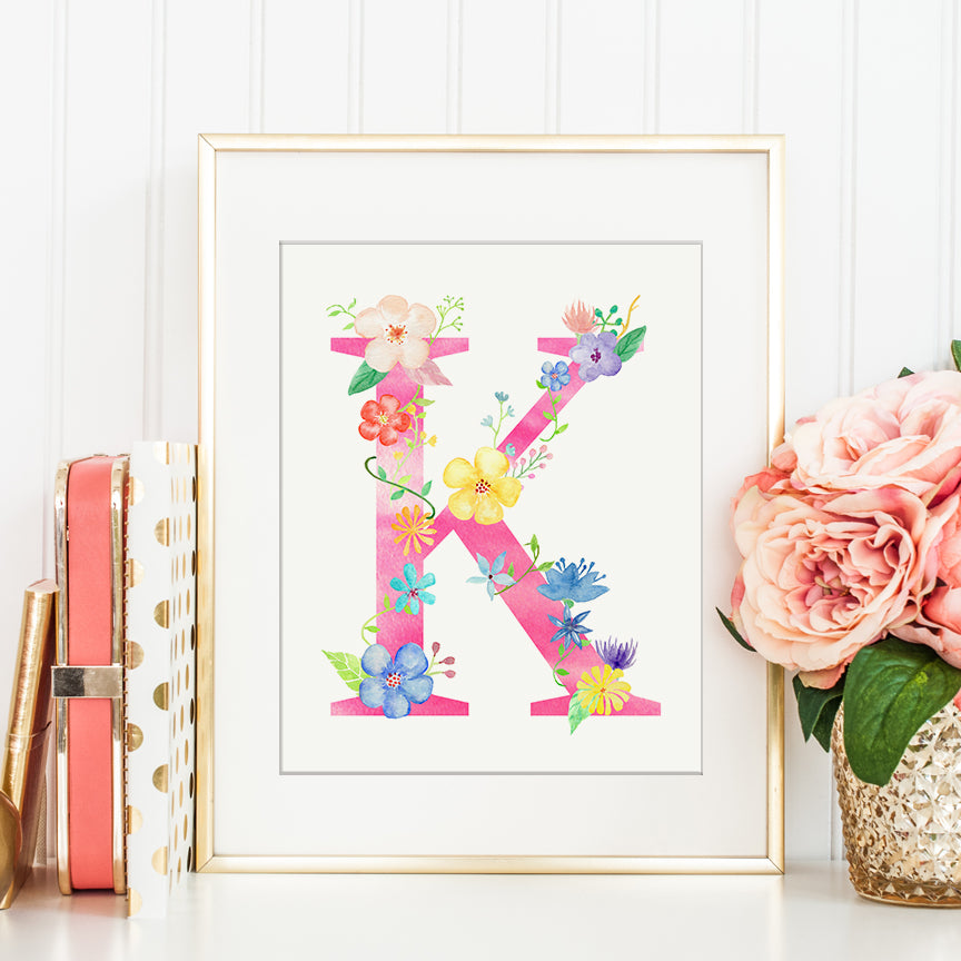 watercolor letter K, pink floral letter K, name initial K, art print K
