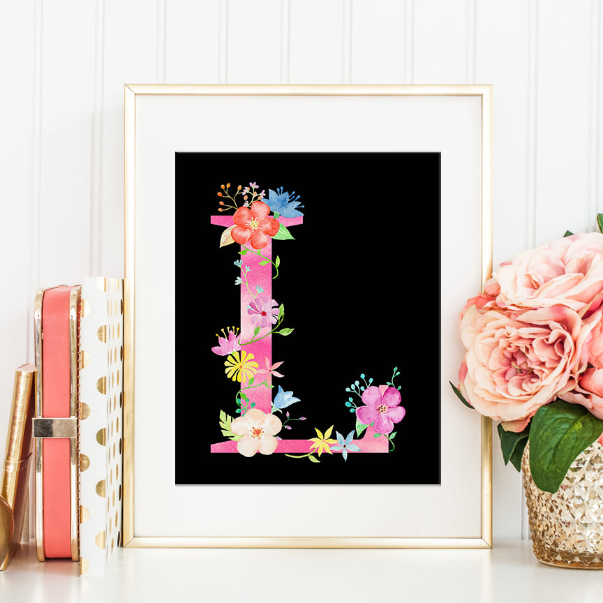 watercolor pink floral letter L, alphabet L, girl name initial L, pink flowers