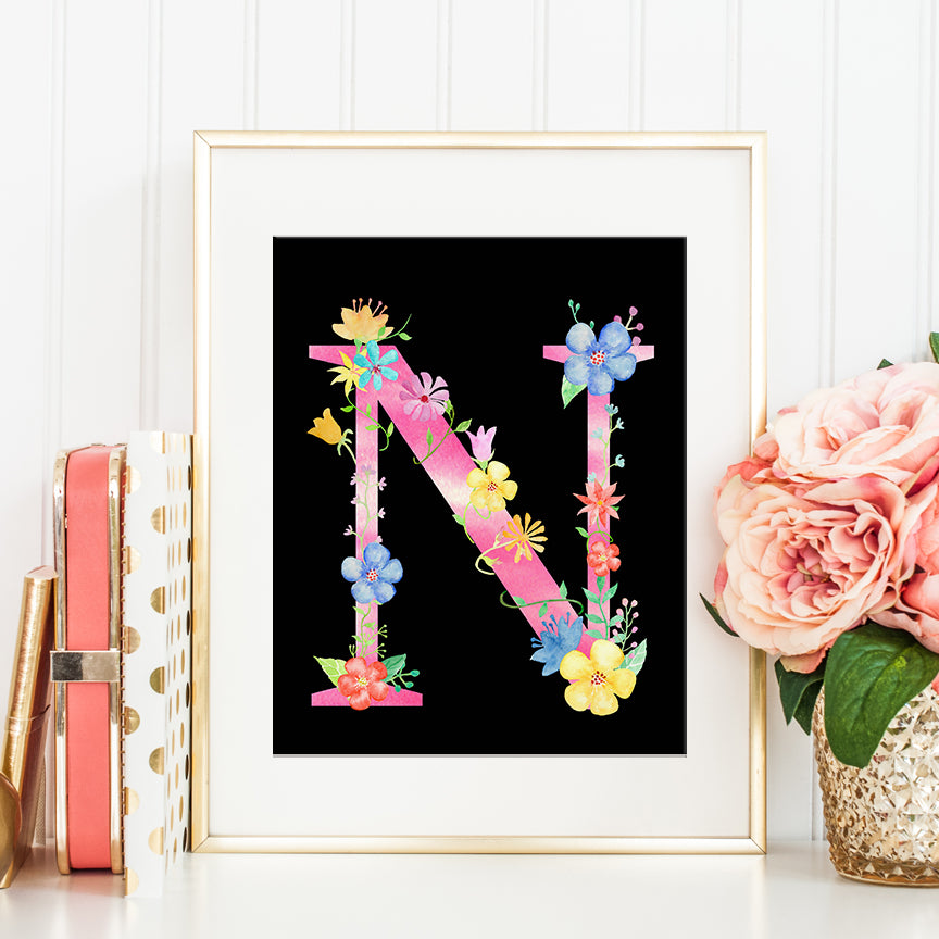 watercolor floral letter N, alphabet N, name initial N, pink floral alphabet N, digital download 