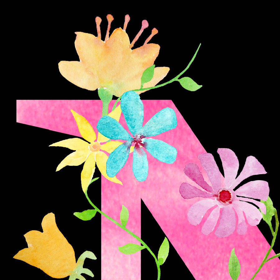 watercolor floral lette n, digital n, pink letter n, instant download 