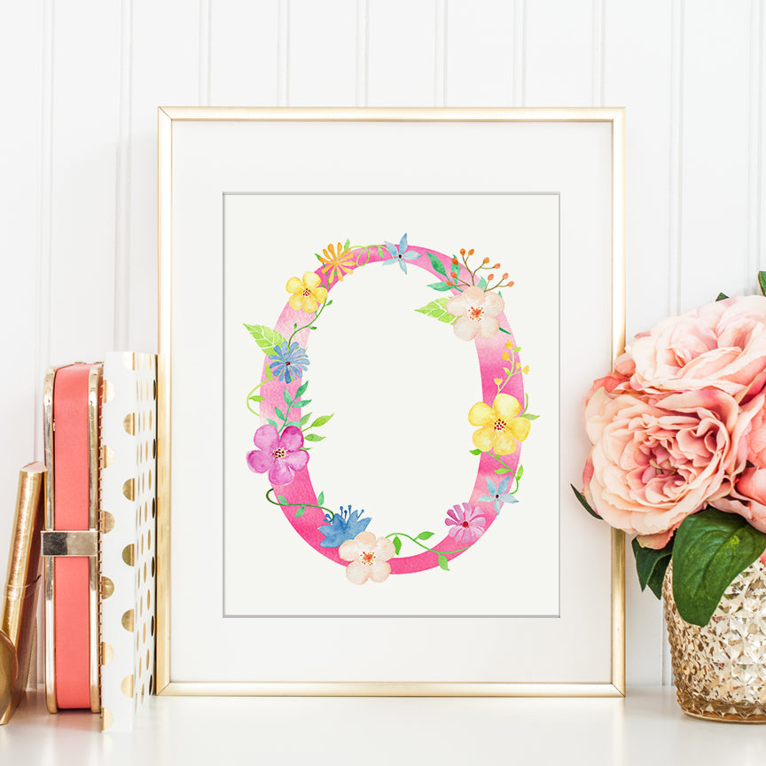 watercolor floral letter O, pink floral letter o, alphabet o, name initial print, instant download