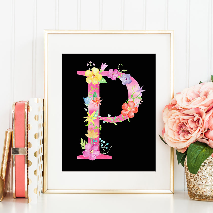 pink floral letter p, capital letter p, name initial p, watercolor floral letter