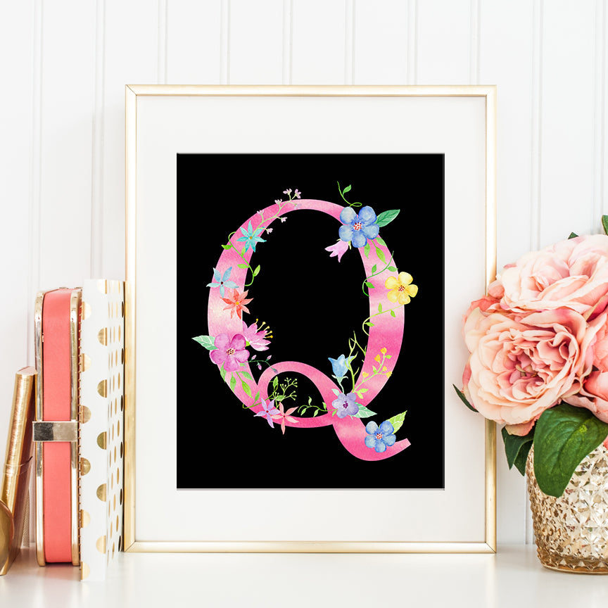 watercolor q, capital letter q, q printable, watercolor pink floral letter q, 
