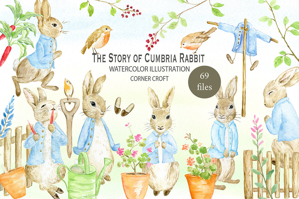 Watercolor clipart Cumbria Rabbit inspired by "The Tale of Peter Rabbit", personalised print creator, nursery story creator