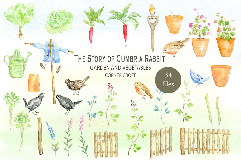 watercolor rabbit illustration, garden fence, pots, bird, blue jacket, sleepers scarecrow, instant download 