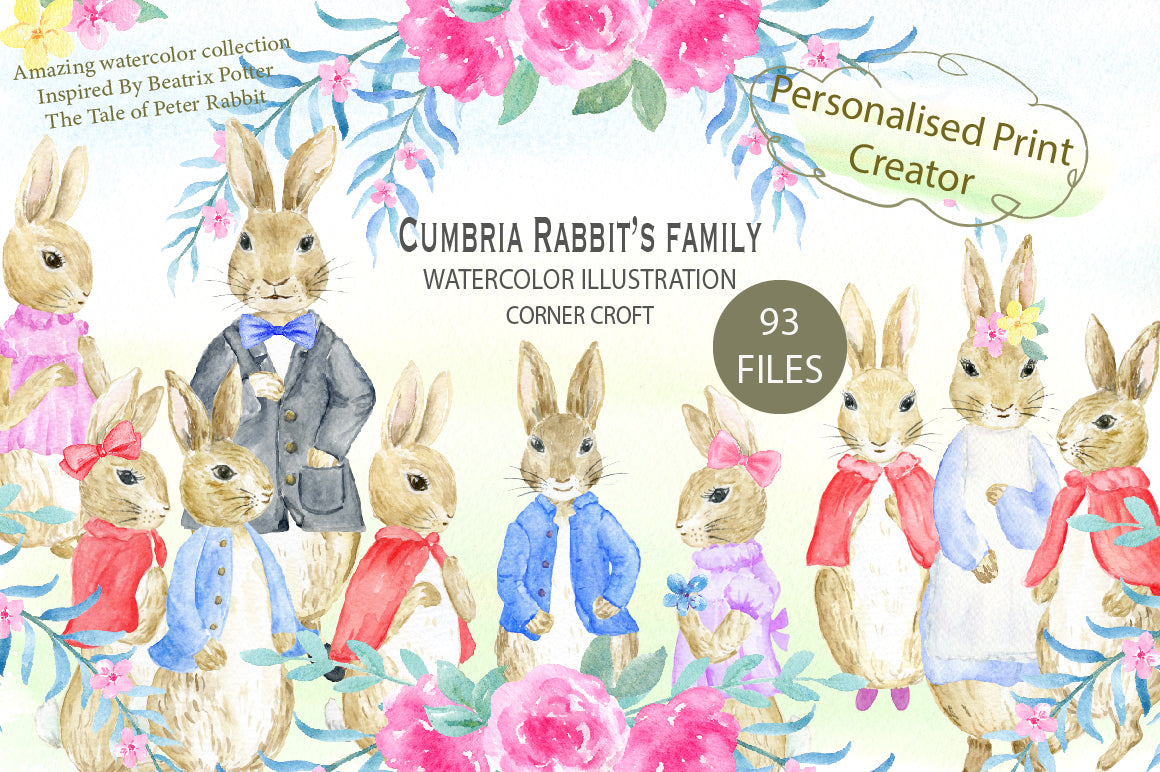 Cumbria Rabbit Family, watercolor illustration for personalised print ...