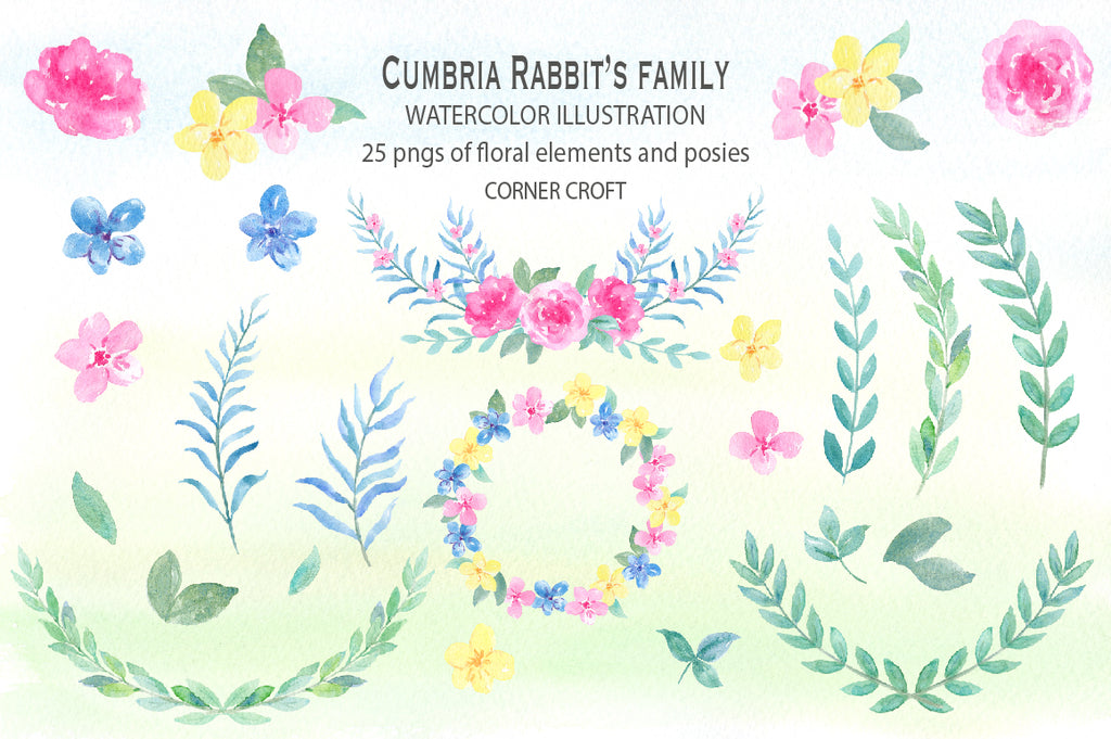watercolor floral set for watercolor rabbit illustration, perfect for making personalised print