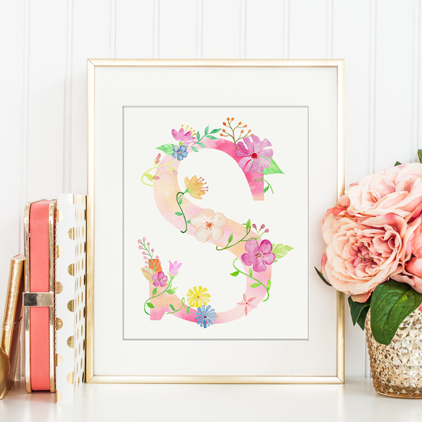 Floral letter S, pink floral letter s, alphabet S, name initial S, girl room deco, S