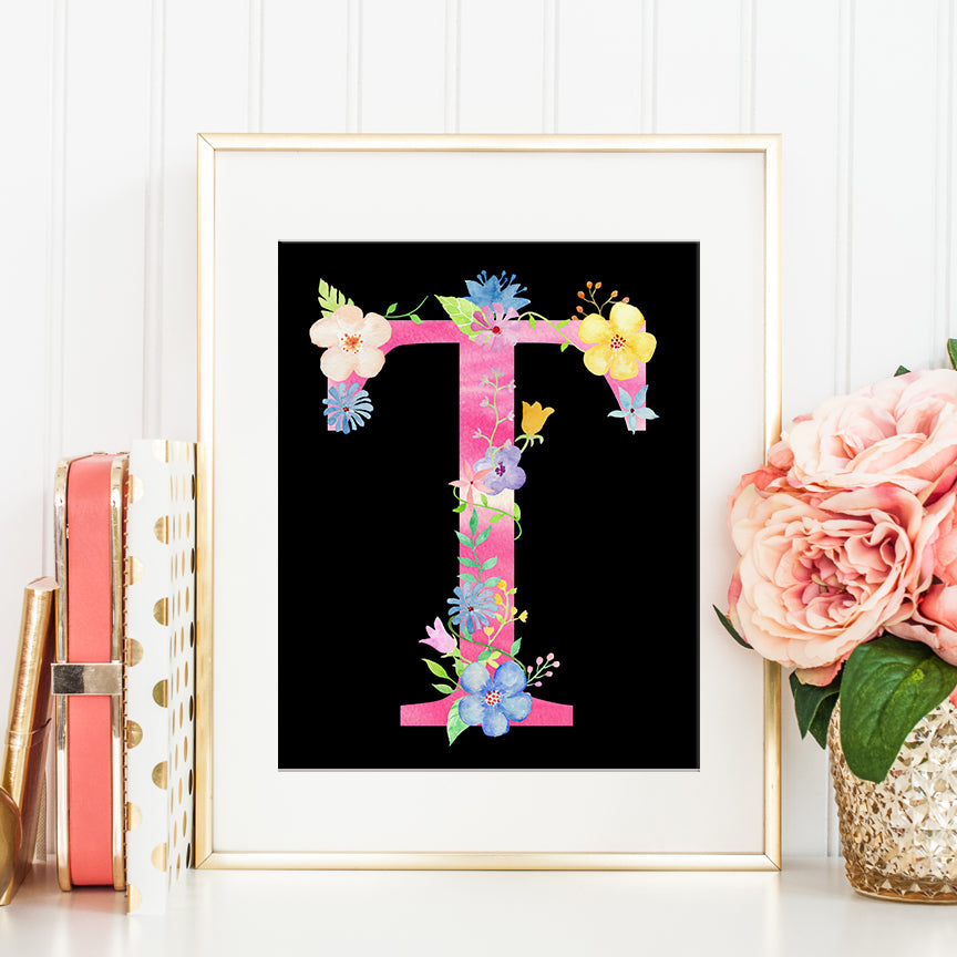 letter t, watercolor floral letter T, name initial T, alphabet t, t printable 