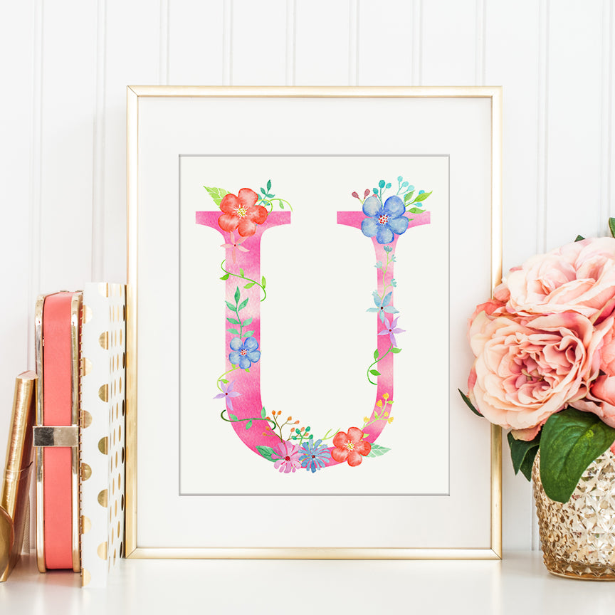watercolor floral letter U, pink letter U, alphabet U, capital letter U, art print