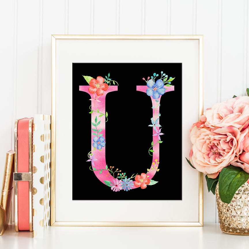 watercolor floral letter U, alphabet U, pink floral letters, art print