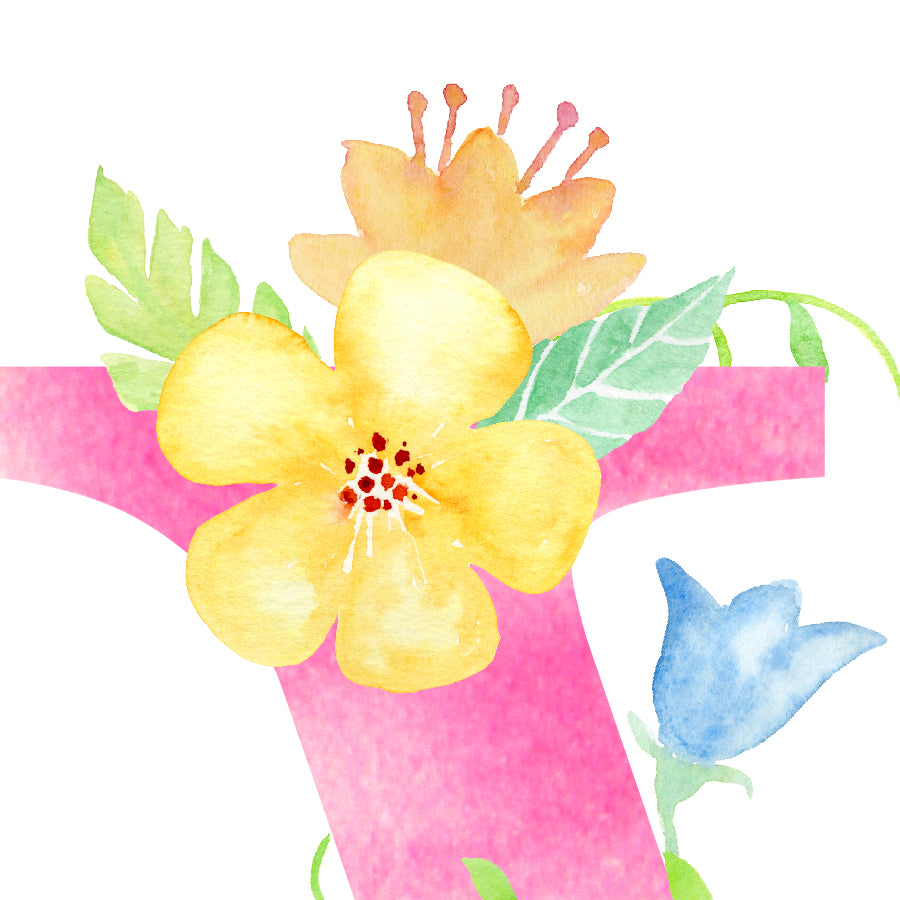pink flowers, watercolor flowers, floral letter V, name initial V