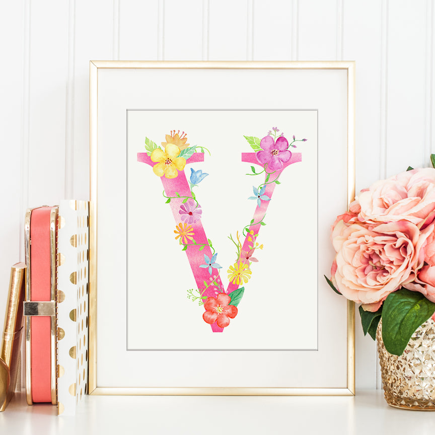 watercolor letter v, floral alphabet v, pink letter v, alphabet v printable 