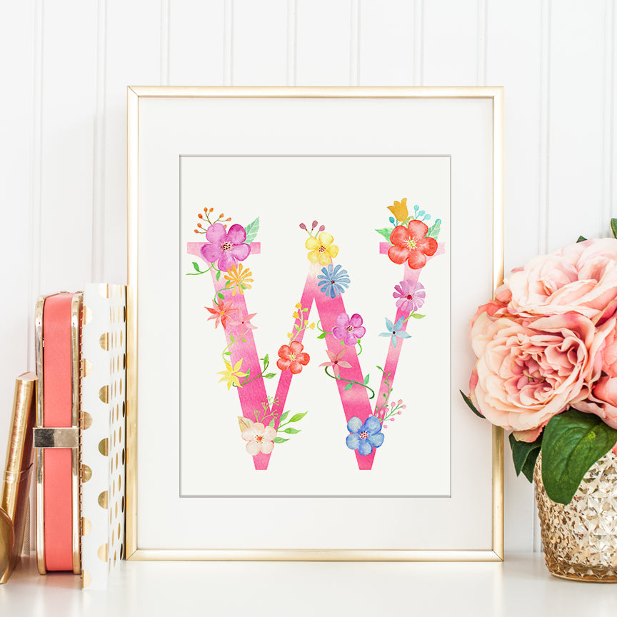 Pink floral letter W for instant download, pink letter W printable, girl room decor, nursery print