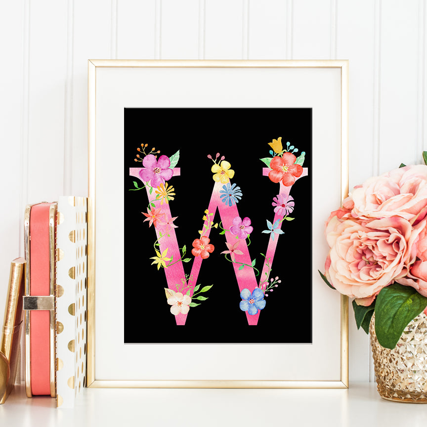 floral alphabet w, pink letter w printable, instant download, w letter 