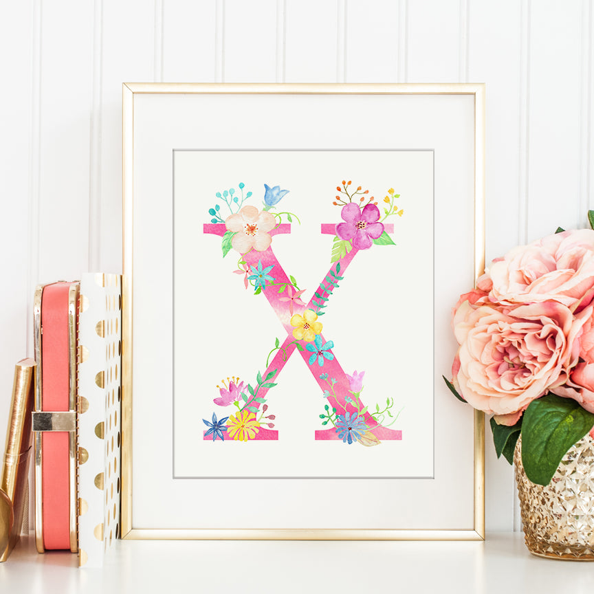 pink floral letter X, name initial X, alphabet X, watercolor pink alphabet X