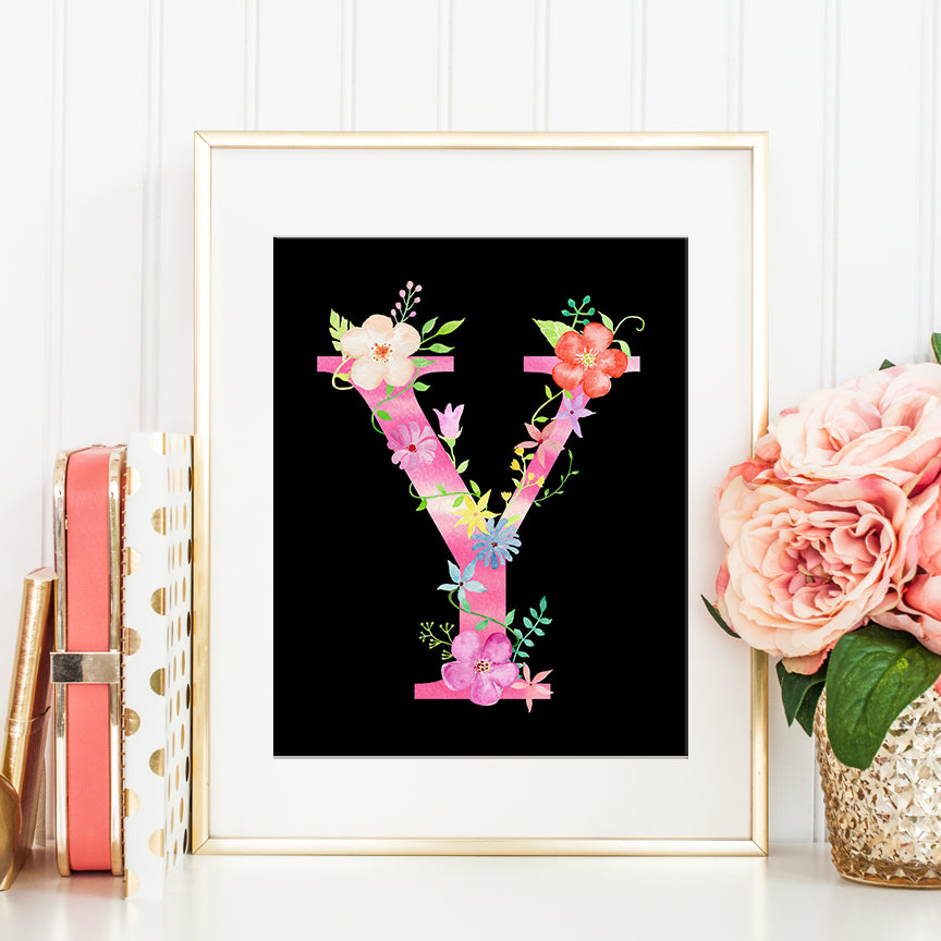 watercolor floral letter y, alphabet y printable, girl name initial