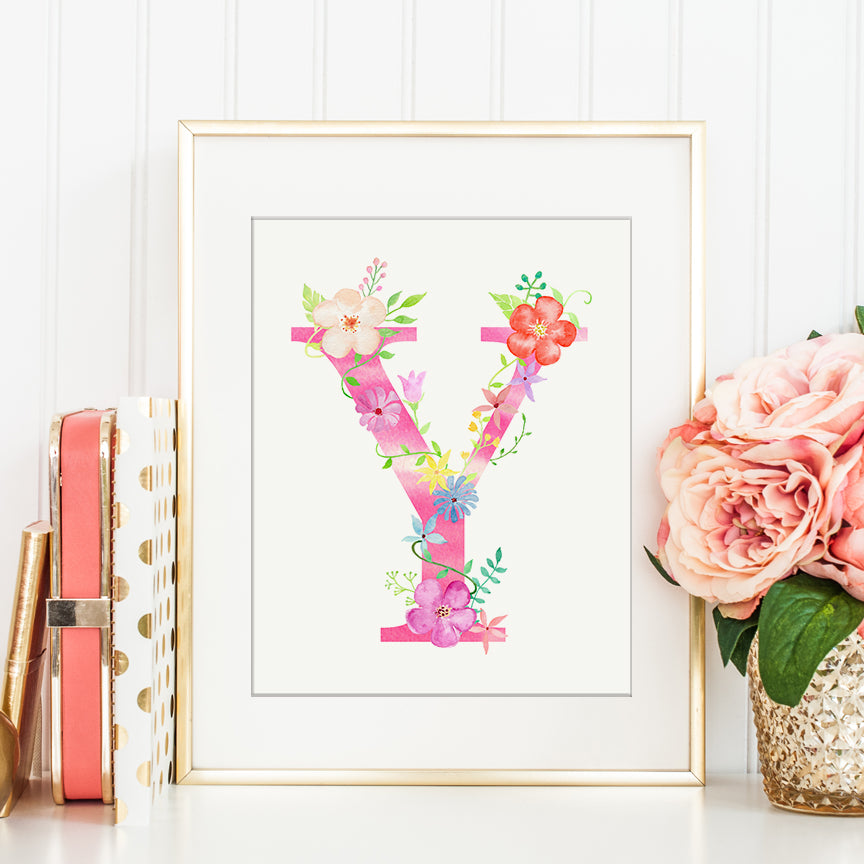 Waterclor floral letter y, name initial y, Y printable, art print instant dowload