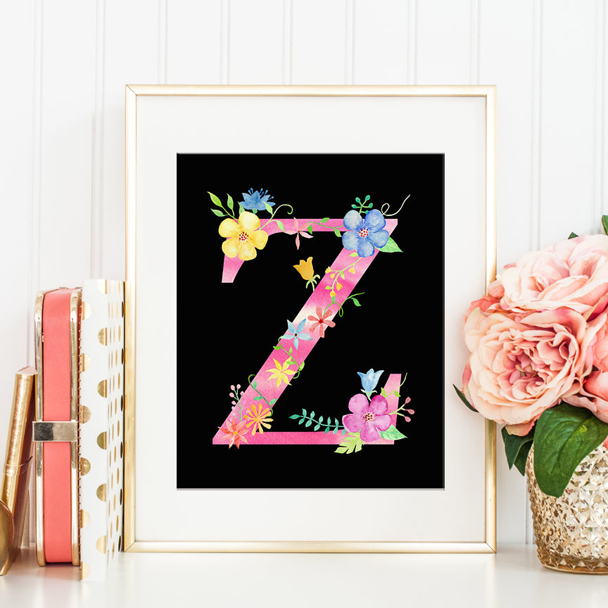 watercolor floral letter Z, name initial Z, capital letter Z, z printable 