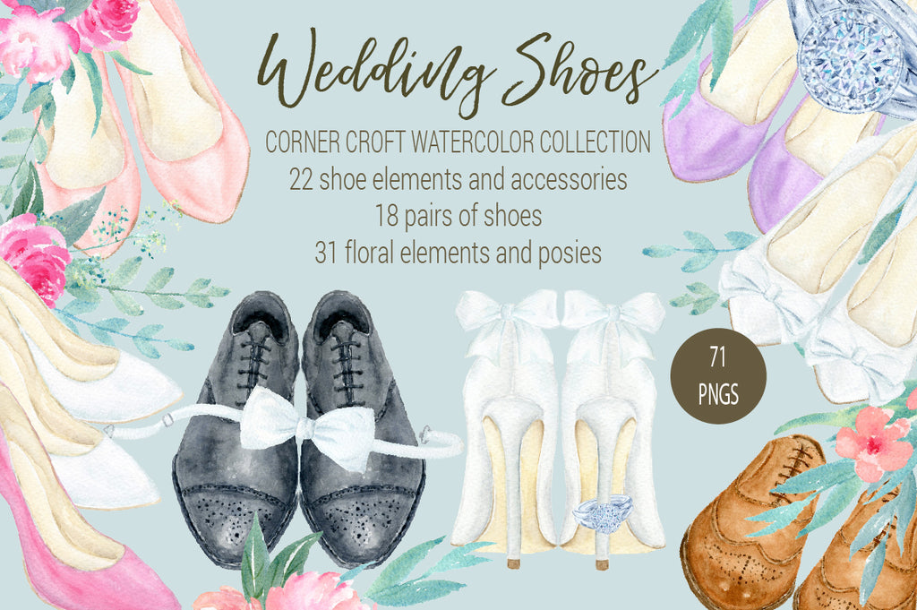 watercolor wedding shoes collection, white wedding shoes, high heel shoes, white, peach, pink and purple shoes illustration 