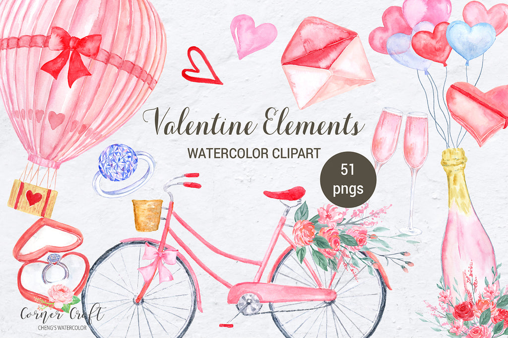 Watercolor clipart Valentine Elements, pink and red elements for engagement, wed dinging, corner croft watercolour design
