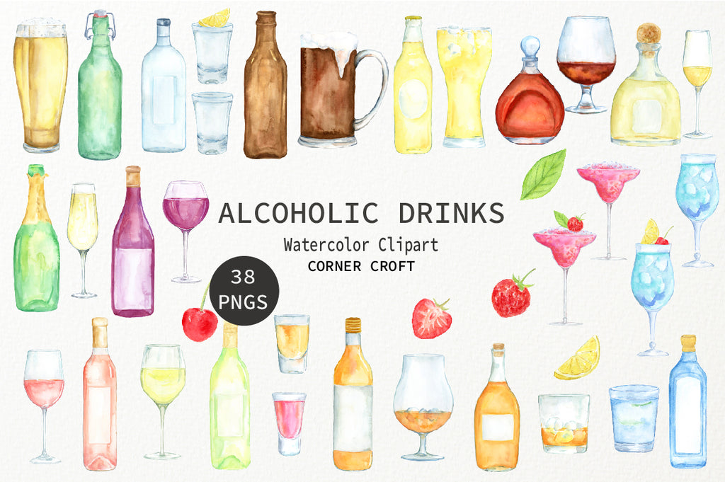 watercolor bottle of wine, bottle of beer, glass of wine, red wine, white wine, rose, rink illustration 