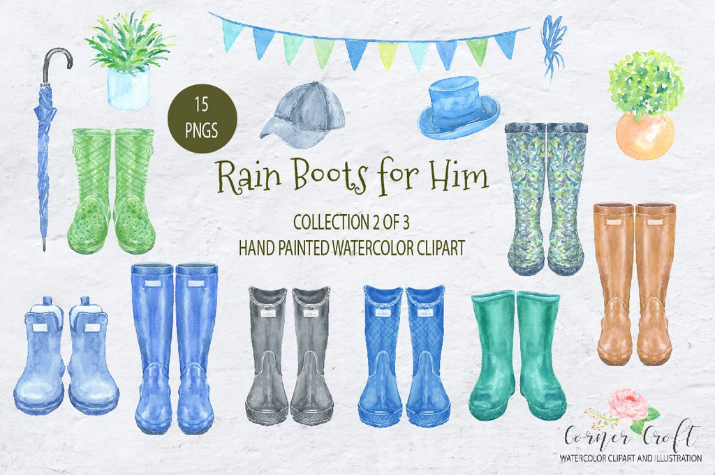 watercolor clipart set rain boots for him, screen shots, hand painted wellies, men's boots.