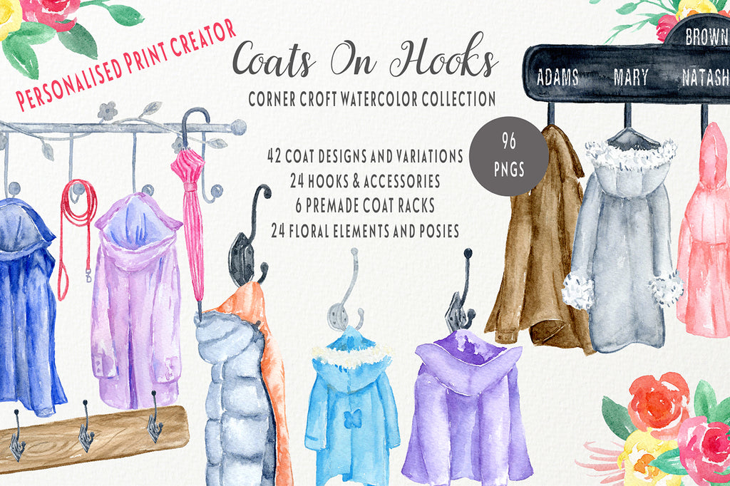 watercolor rain coat on hook, rain coats on coat rack, coat rail, personalised print creator, instant download 